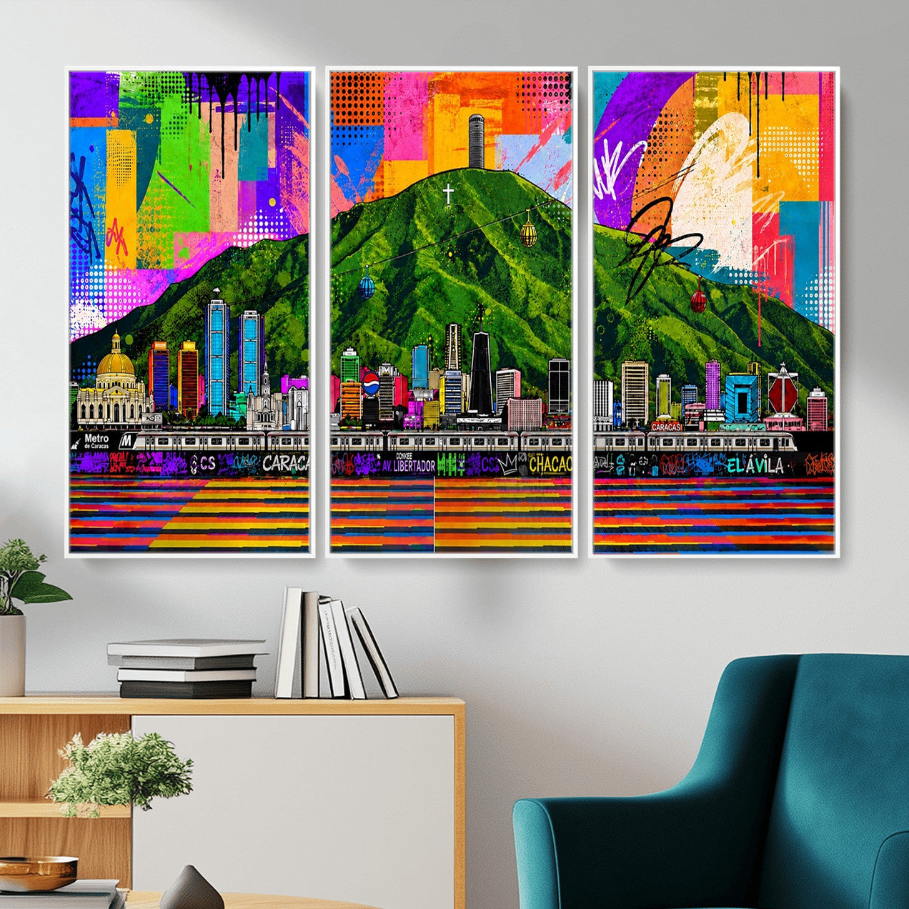 86696255-MGV-CV-36X24 - Mount Ávila, Caracas, Venezuela Wall Art Print by Artist Yorlette - Graffiti Caracas Skyline Canvas Art, Colorful Street Artwork - Venezuela El Avila Poster Print