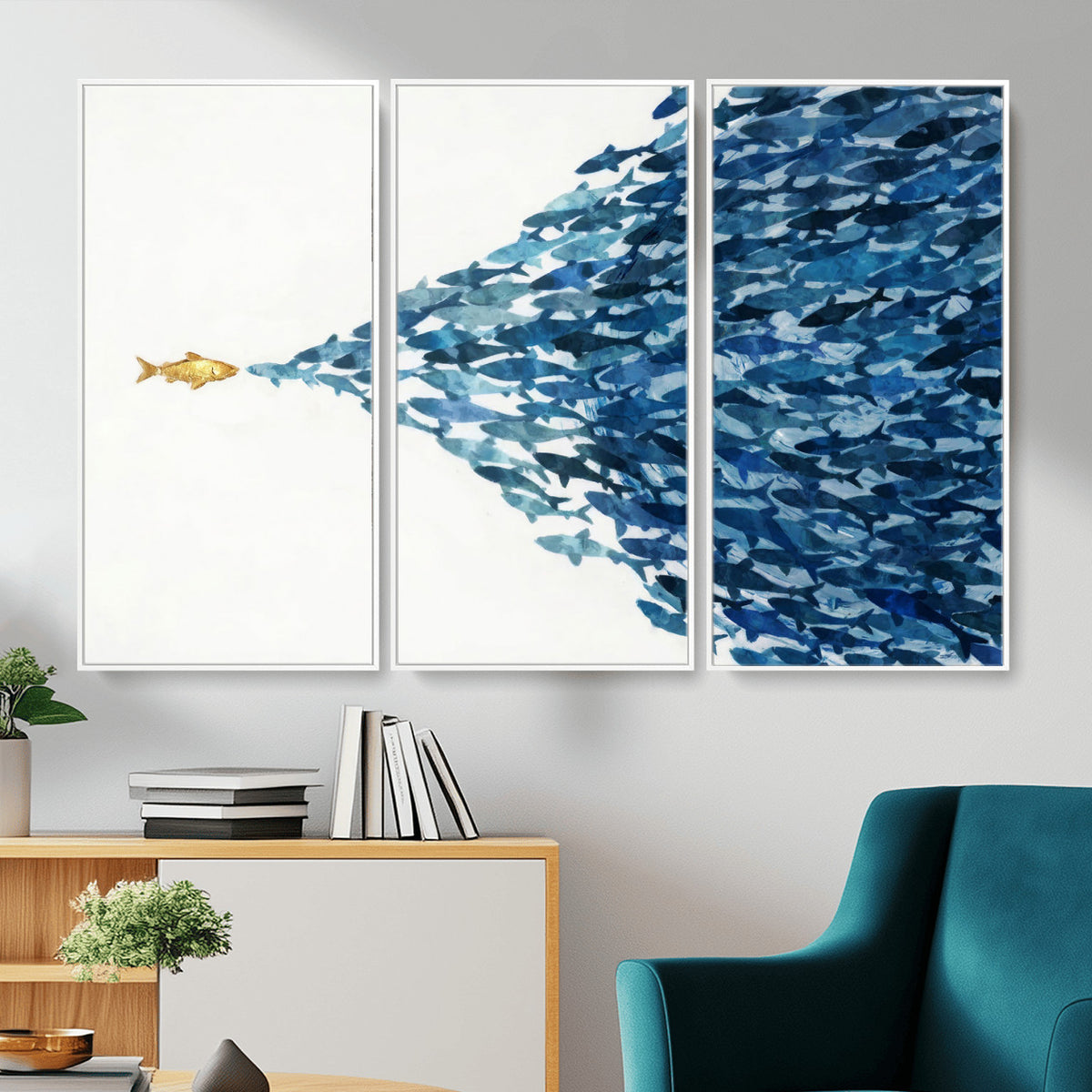 79089639-MGV-CV-36X24 - Abstract Blue Fish School Canvas Wall Art, Gold Foil Accent Marine Print