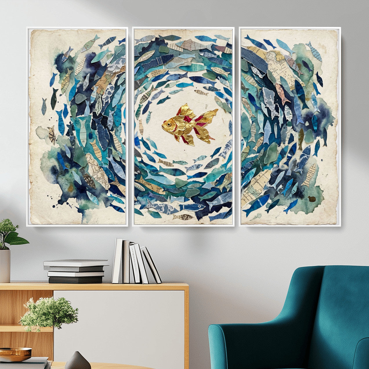 73165663-MGV-CV-36X24 - Mixed Media Blue Fish Swirl Canvas Wall Art, Goldfish Collage Ocean Print