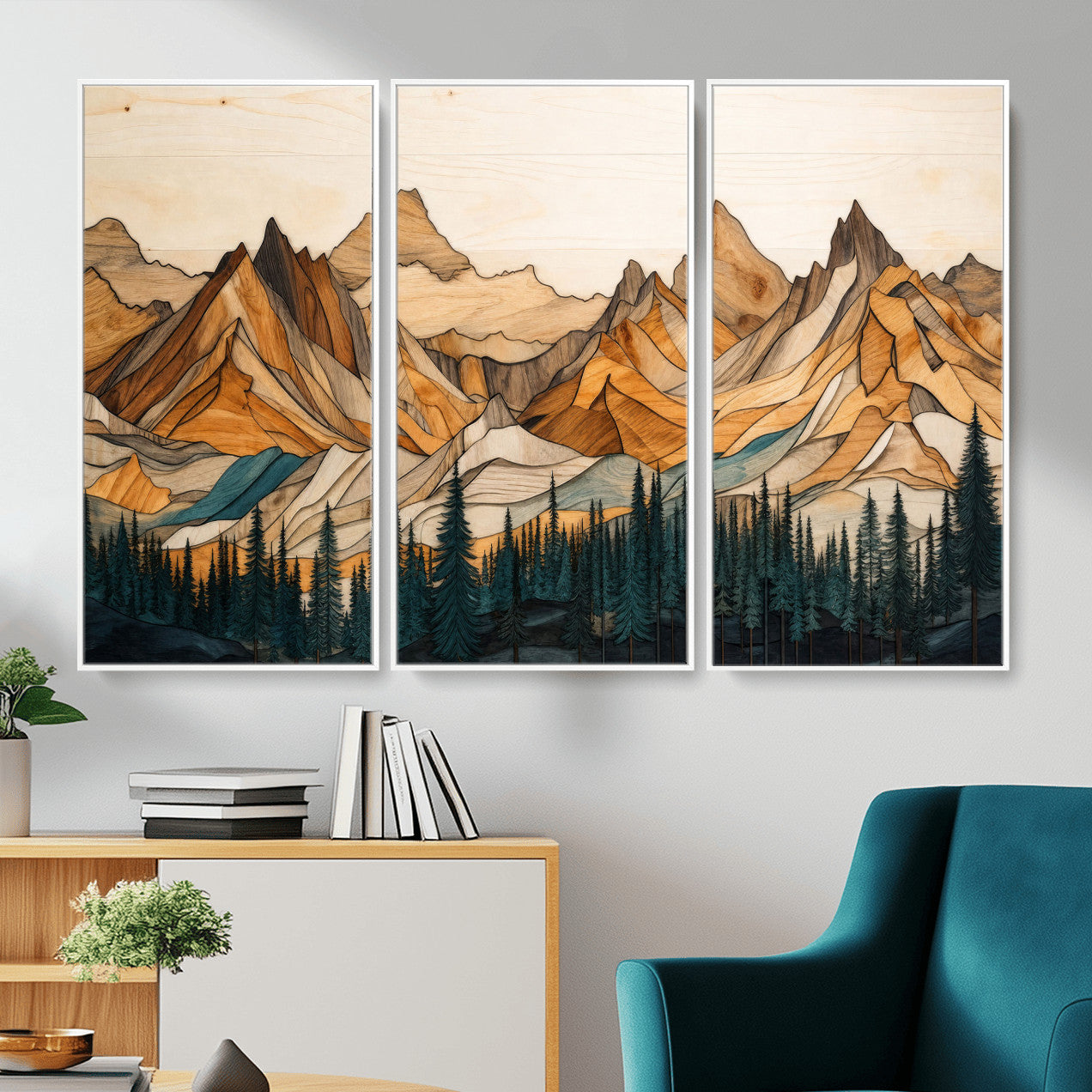 57384313-MGV-CV-48X32-3P - Mountain Landscape Canvas Wall Art with Wood Grain Effect, Golden Peaks and Teal Pine Forest, Framed Cabin Decor