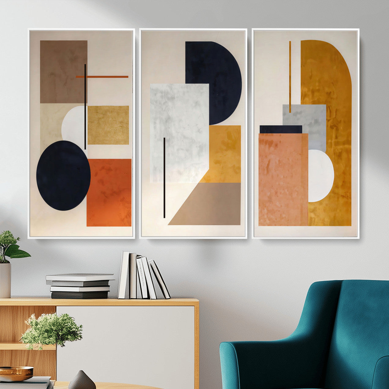 87361249-MGV-CV-48X32-3P - Mid Century Modern Geometric Canvas Wall Art, Abstract Triptych Print