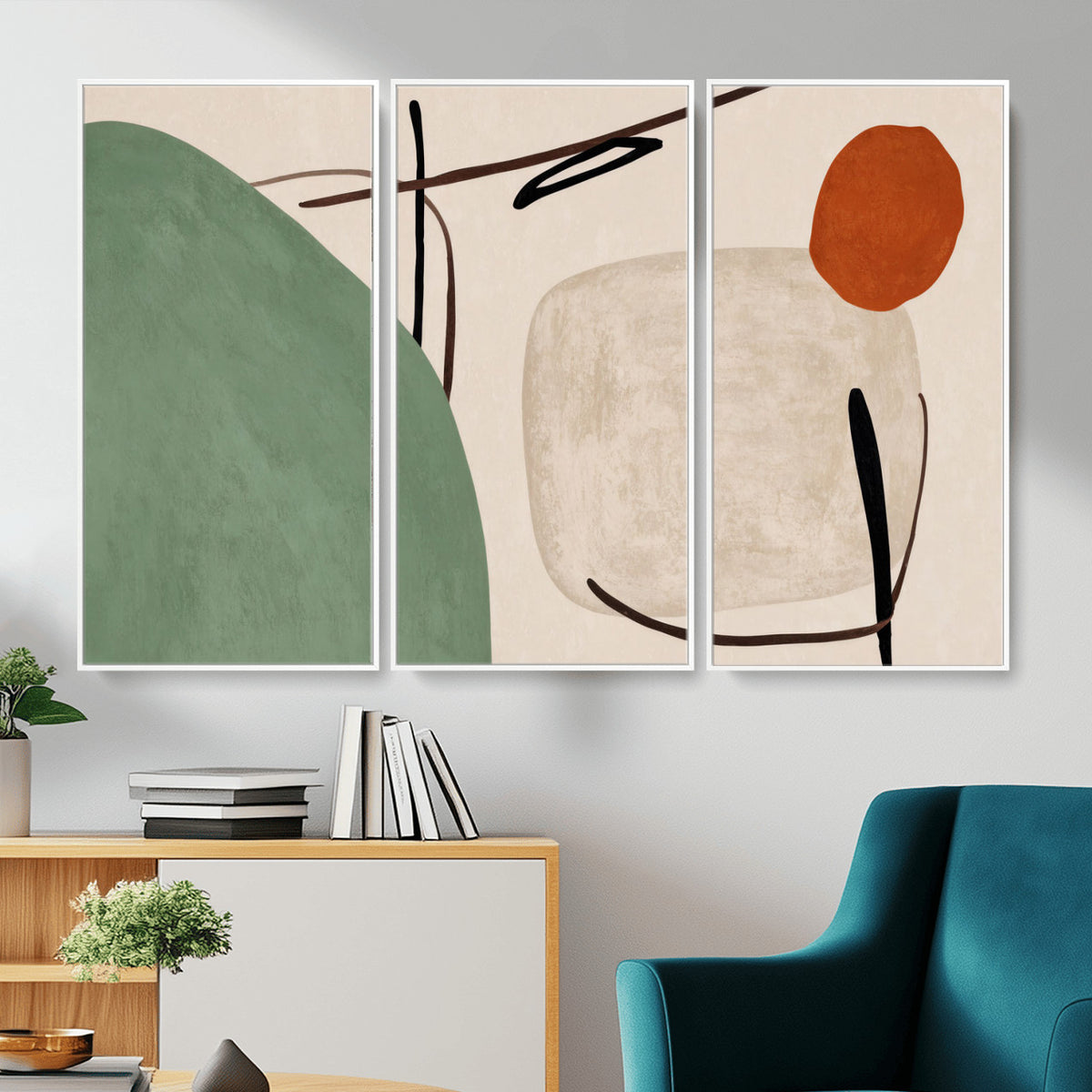 46798824-MGV-CV-48X32-3P - Mid Century Modern Geometric Canvas Wall Art, Abstract Triptych Print