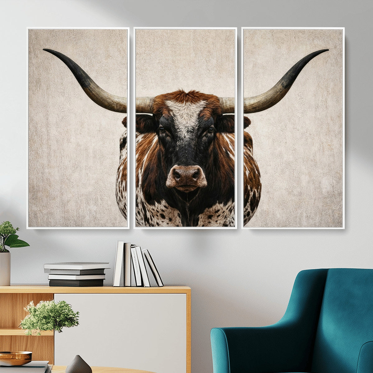 58622065-_Poster-30x20 - Texas Longhorn Canvas Wall Art, Western Bull in a Moody Grey Desert, Rustic Farmhouse Decor for Living Room