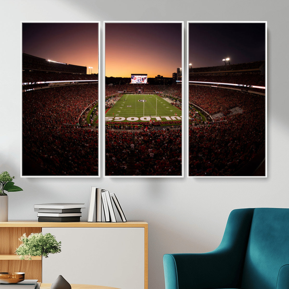 97720998-_Poster-30x20 - Georgia Bulldogs Stadium Sunset Canvas Print 3 Piece Framed Wall Art Extra Large Floating Frame Sports Poster Made in USA