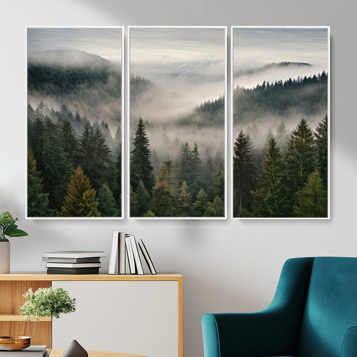38409495-_Poster-30x20 - Misty Pine Valley Mountain Canvas Print 3 Piece Framed Wall Art Extra Large Floating Frame Nature Poster Made in USA
