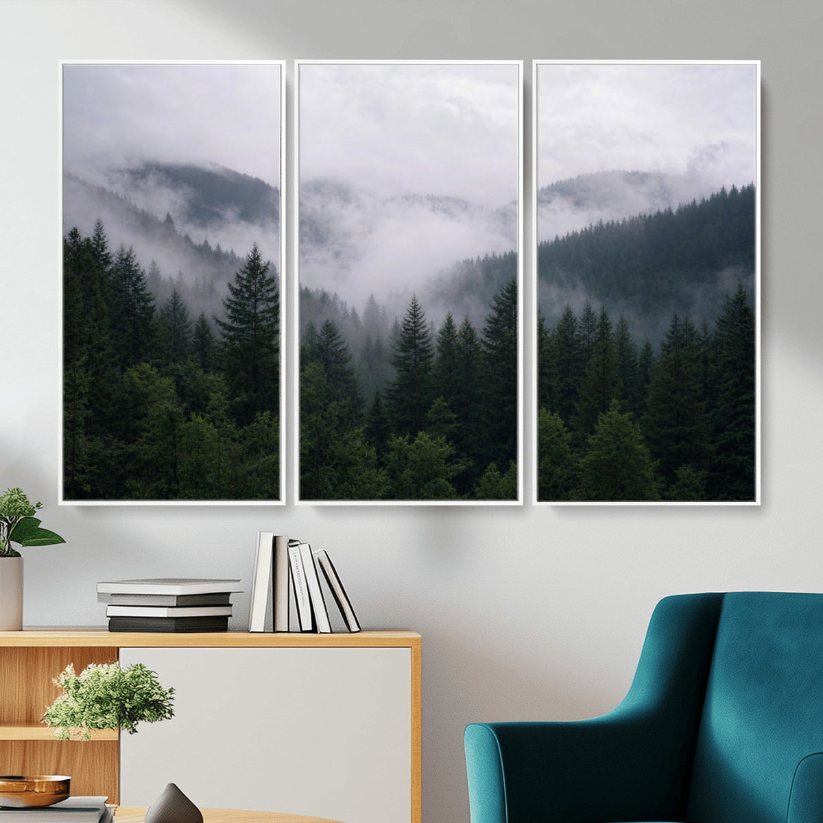 25432119-_Poster-30x20 - Misty Mountain Pine Forest Canvas Print 3 Piece Framed Wall Art Extra Large Floating Frame Nature Poster Made in USA