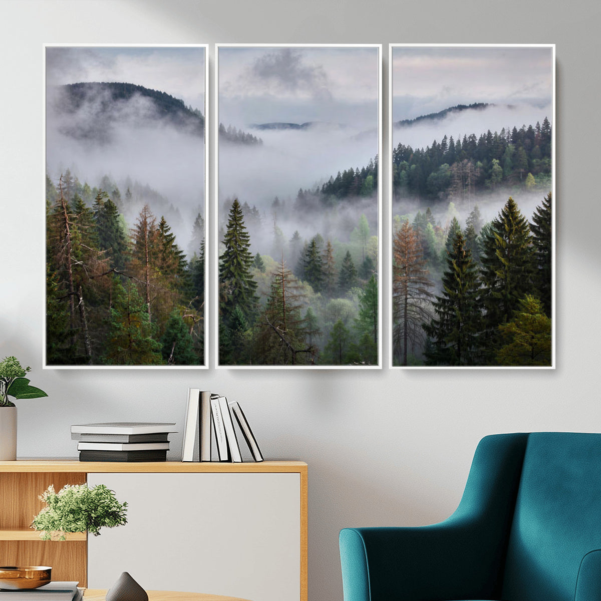 18735847-_Poster-30x20 - Foggy Pine Forest Mountain Canvas Print 3 Piece Framed Wall Art Extra Large Floating Frame Nature Poster Made in USA