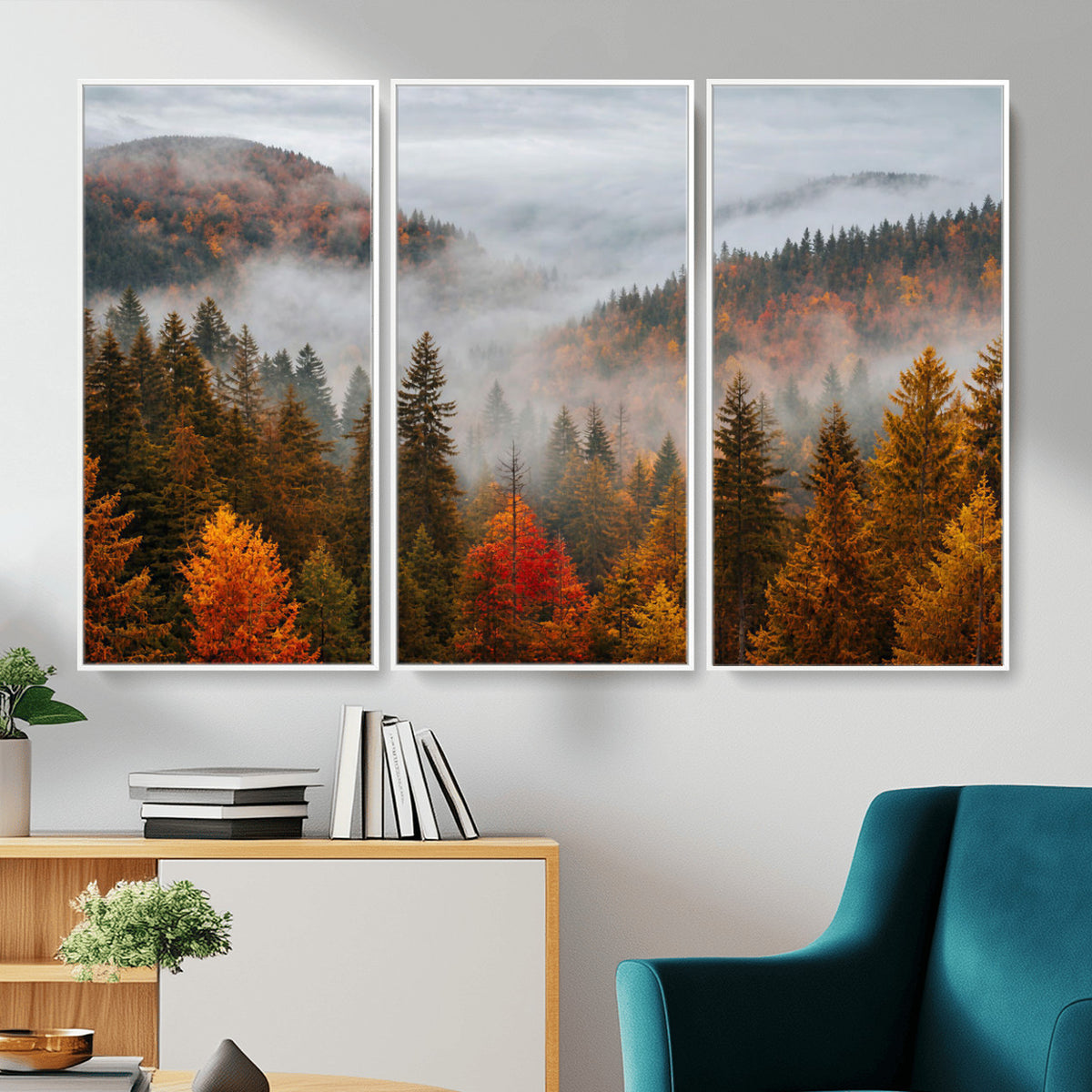 87481341-_Poster-30x20 - Foggy Autumn Mountain Canvas Print Smoky Pine Forest Wall Art Panoramic Nature Poster 3 Piece Made in USA