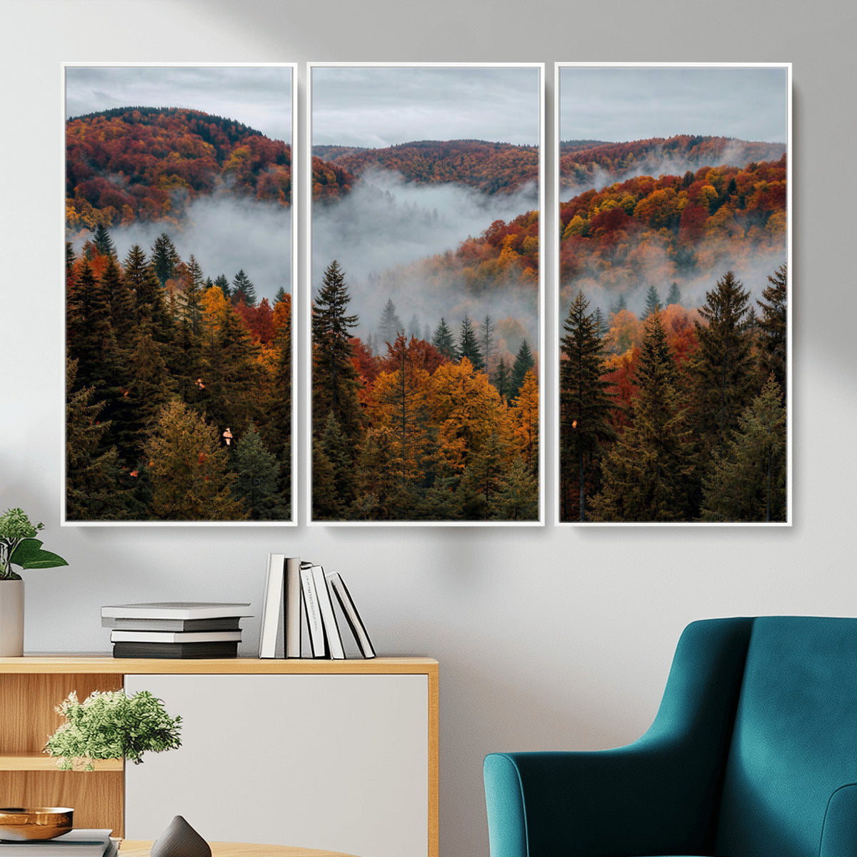 26686263-_Poster-30x20 - Misty Autumn Forest Mountain Canvas Print 3 Panel Wall Art Gallery Wrapped Floating Frame Poster Made in USA