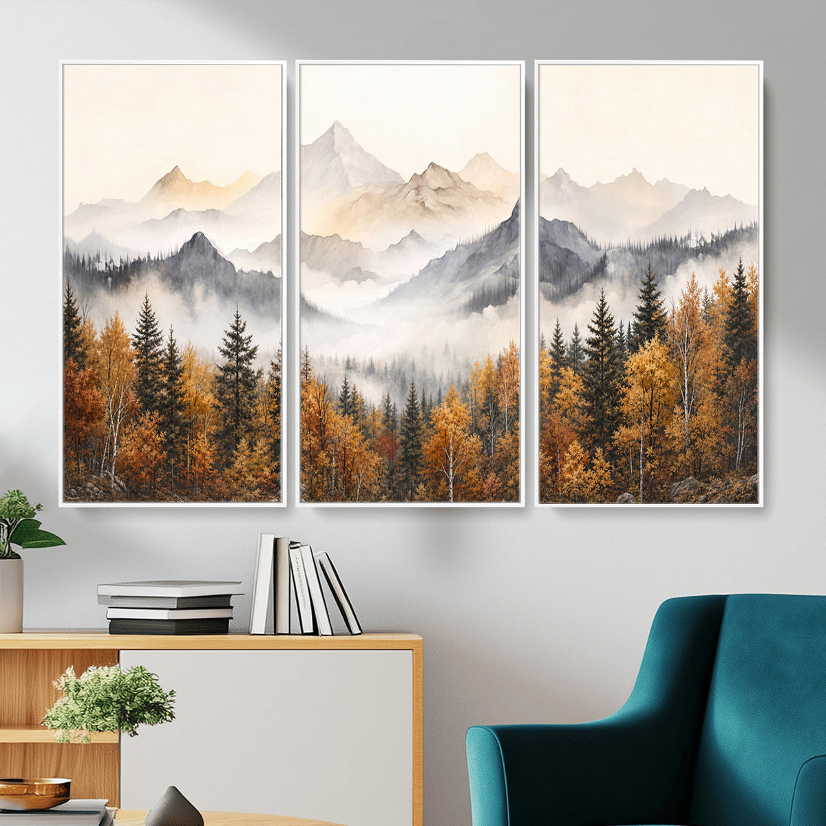 19544118-MGV-TP-30X20 - Misty Mountain Autumn Forest Canvas Wall Art - Watercolor Fall Nature Landscape Print