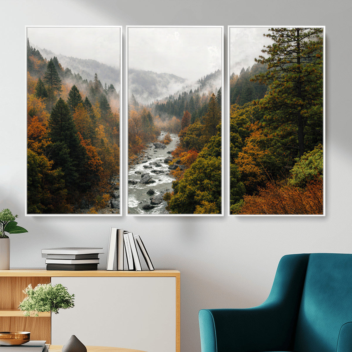 95540697-MGV-TP-30X20 - Misty River Mountain Valley Canvas Wall Art - Autumn Forest Landscape Nature Print
