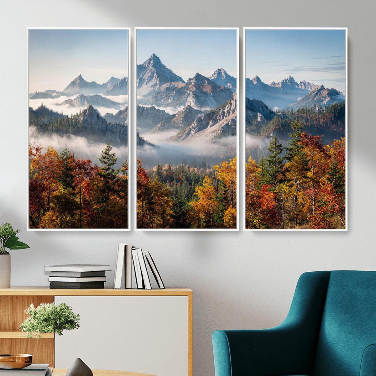 38847944-MGV-TP-30X20 - Majestic Mountain Peak Canvas Wall Art - Panoramic Autumn Forest Fog Landscape Print