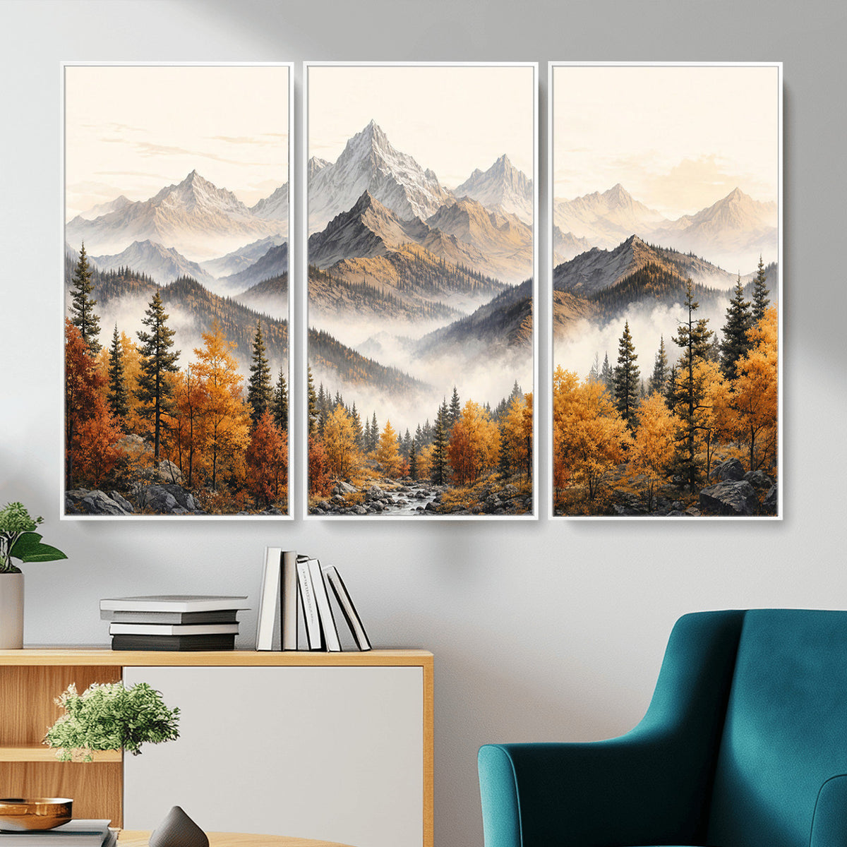 21309099-MGV-TP-30X20 - Extra Large Misty Mountain Autumn Forest Canvas Wall Art - Watercolor Fall Nature Landscape Print