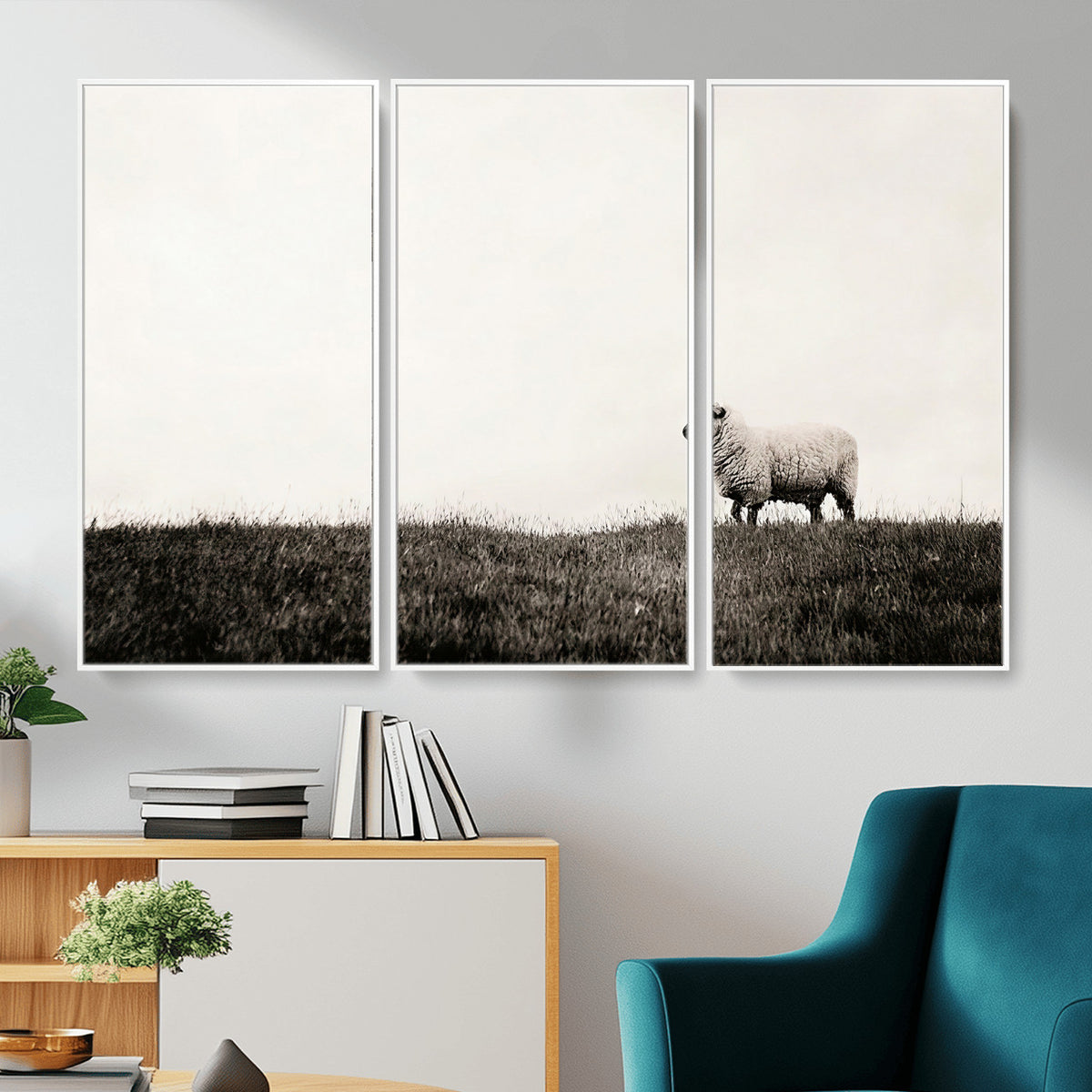 72749448-MGV-TP-30X20 - Minimalist Sepia Sheep Canvas Wall Art - Rustic Farmhouse Country Landscape Print