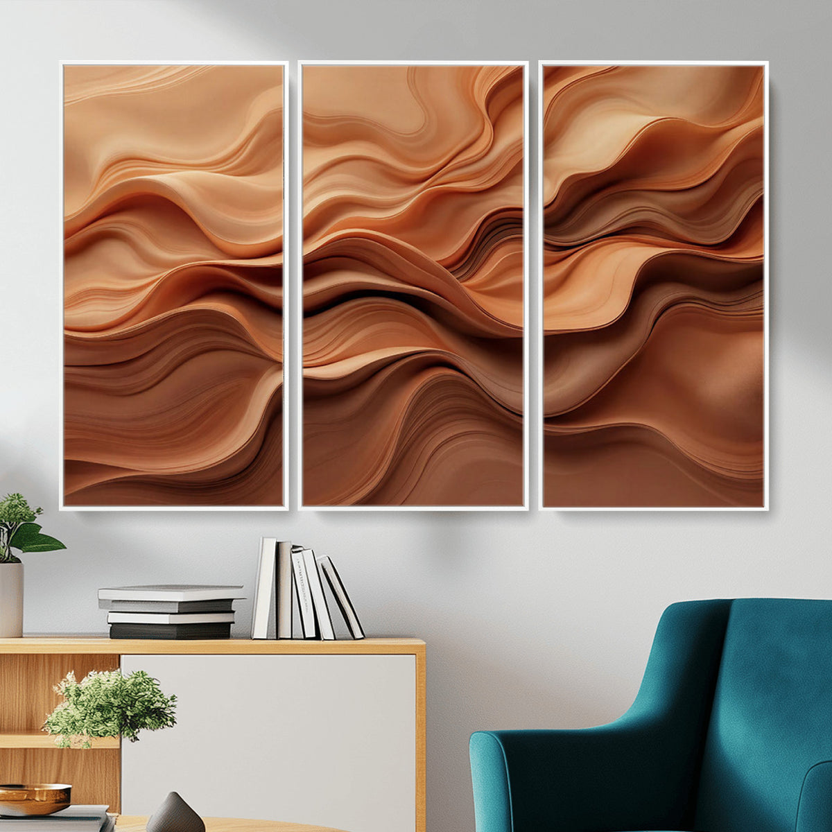 82230697-MGV-CV-36X24 - Modern Abstract Fluid Waves Canvas Wall Art - Minimalist Warm Terracotta Beige Sand Print