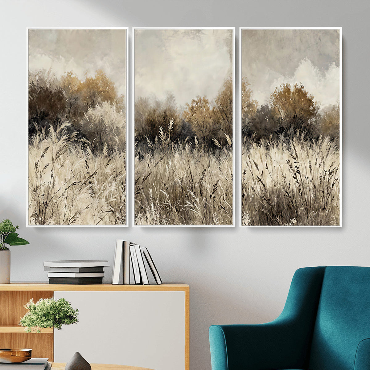 53959945-MGV-TP-30X20 - Muted Neutral Forest Landscape Canvas Wall Art - Vintage Rustic Wildflower Meadow Print