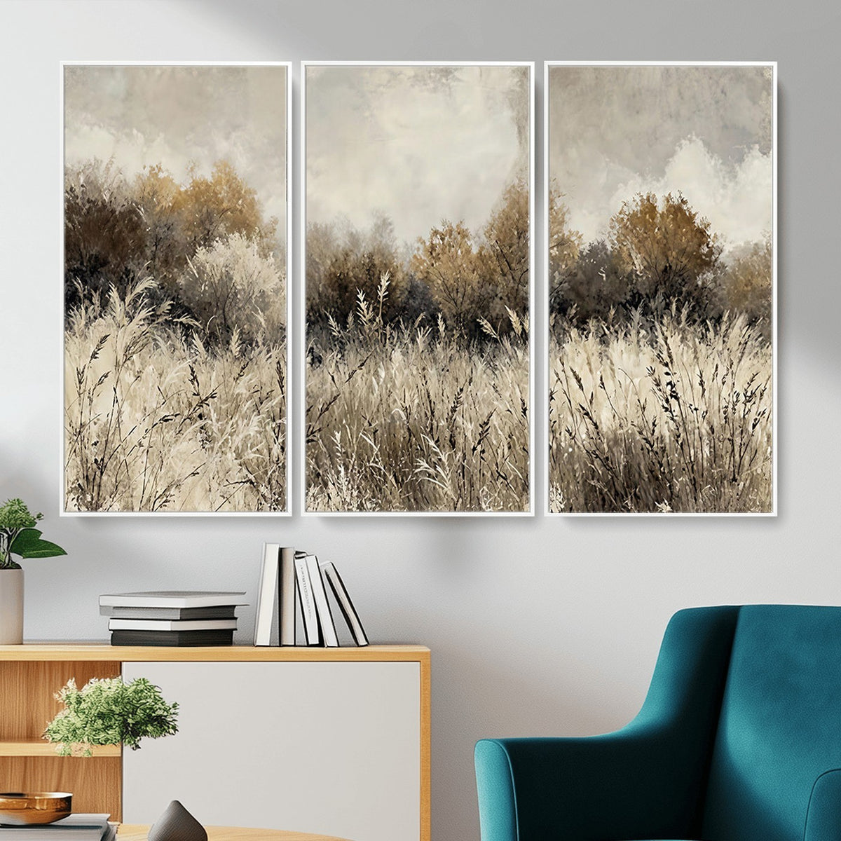 53959945-_Poster-30x20 - Muted Neutral Forest Landscape Canvas Wall Art - Vintage Rustic Wildflower Meadow Print
