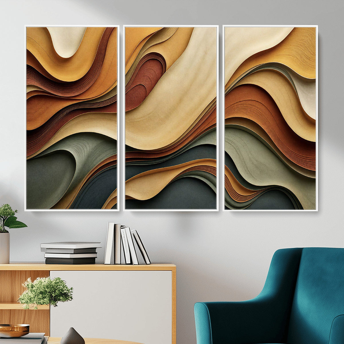19337902-MGV-CV-36X24 - Modern Abstract Waves Canvas Wall Art - Minimalist Earthy Tone Living Room Decor