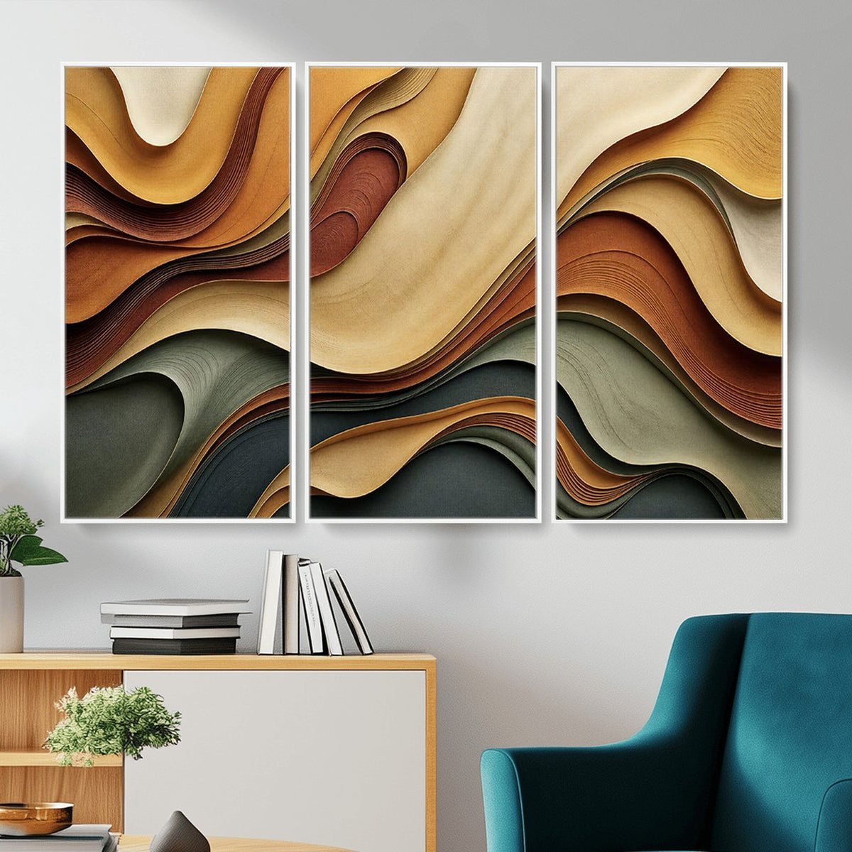 19337902-_Poster-30x20 - Modern Abstract Waves Canvas Wall Art - Minimalist Earthy Tone Living Room Decor