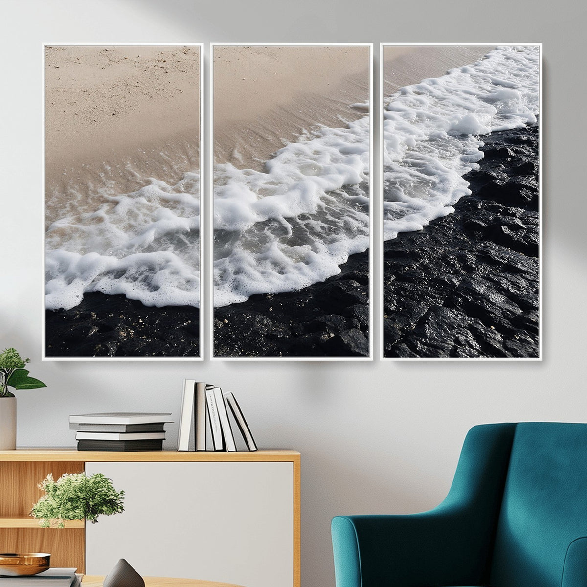 27448606-MGV-CV-24X16 - Ocean Wave Foam on Black Lava Rock Beach Canvas Wall Art Print