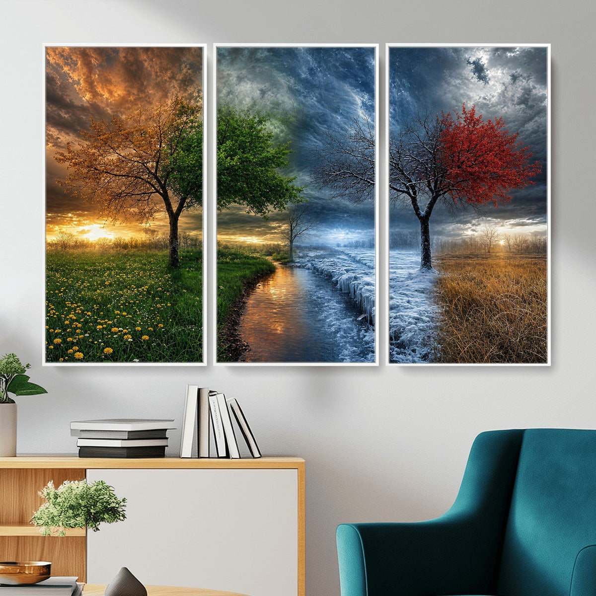 61895574-MGV-CV-24X16 - Four Seasons Tree Canvas Wall Art, Nature Landscape Canvas Print for Living Room