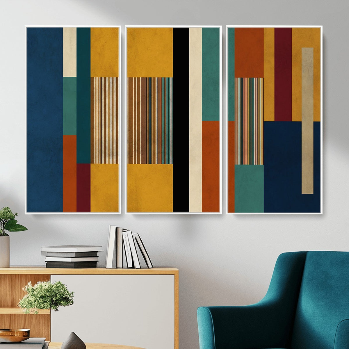 53992657-MGV-CV-48X32-3P - Mid Century Abstract Color Block Canvas Wall Art, Geometric Striped Canvas Print