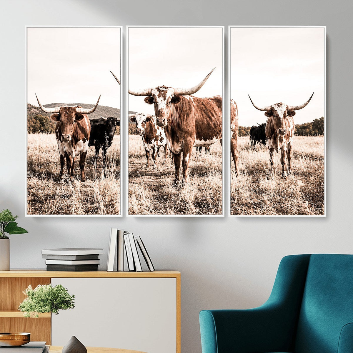 25234808-MGV-CV-48X32-3P - Texas Longhorn Cattle Canvas Wall Art, Western Ranch Home Decor