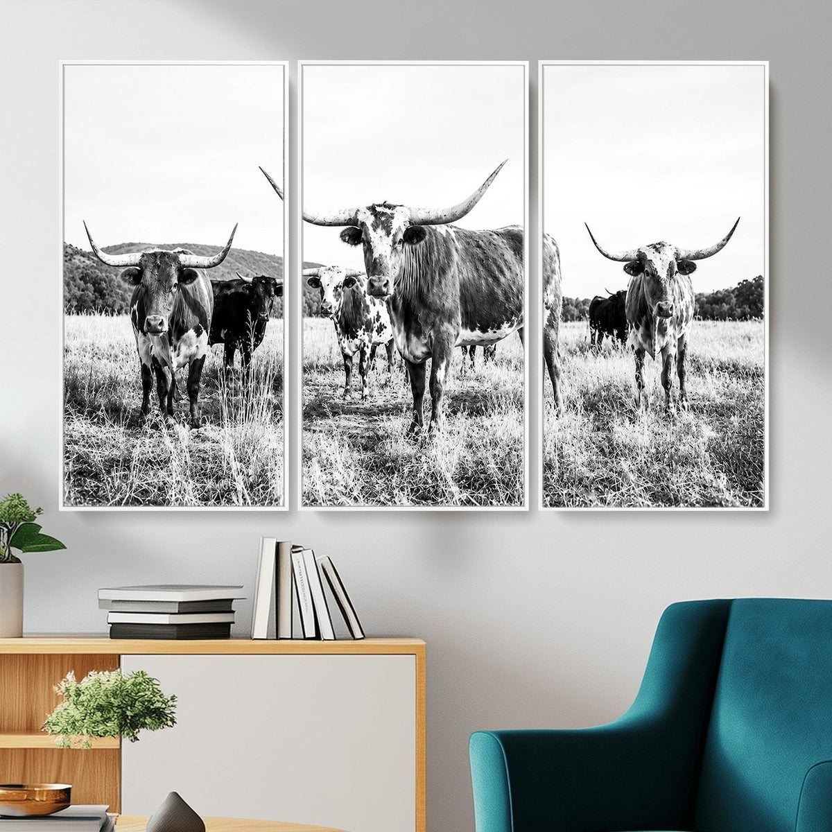 73228277-MGV-CV-48X32-3P - Black and White Longhorn Cattle Canvas Print, Western Ranch Wall Decor