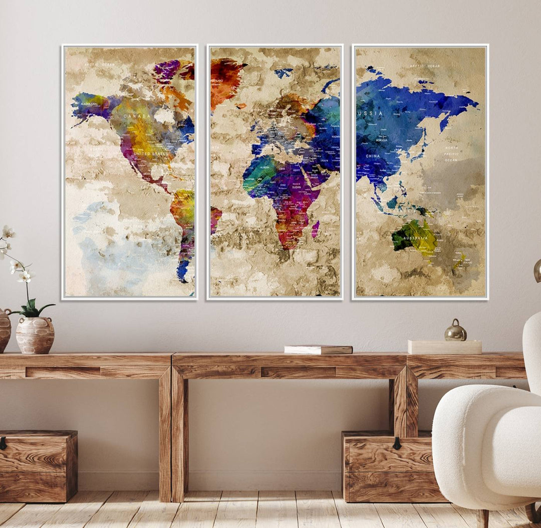 Watercolor World Map Canvas Print with gallery-wrapped edges.