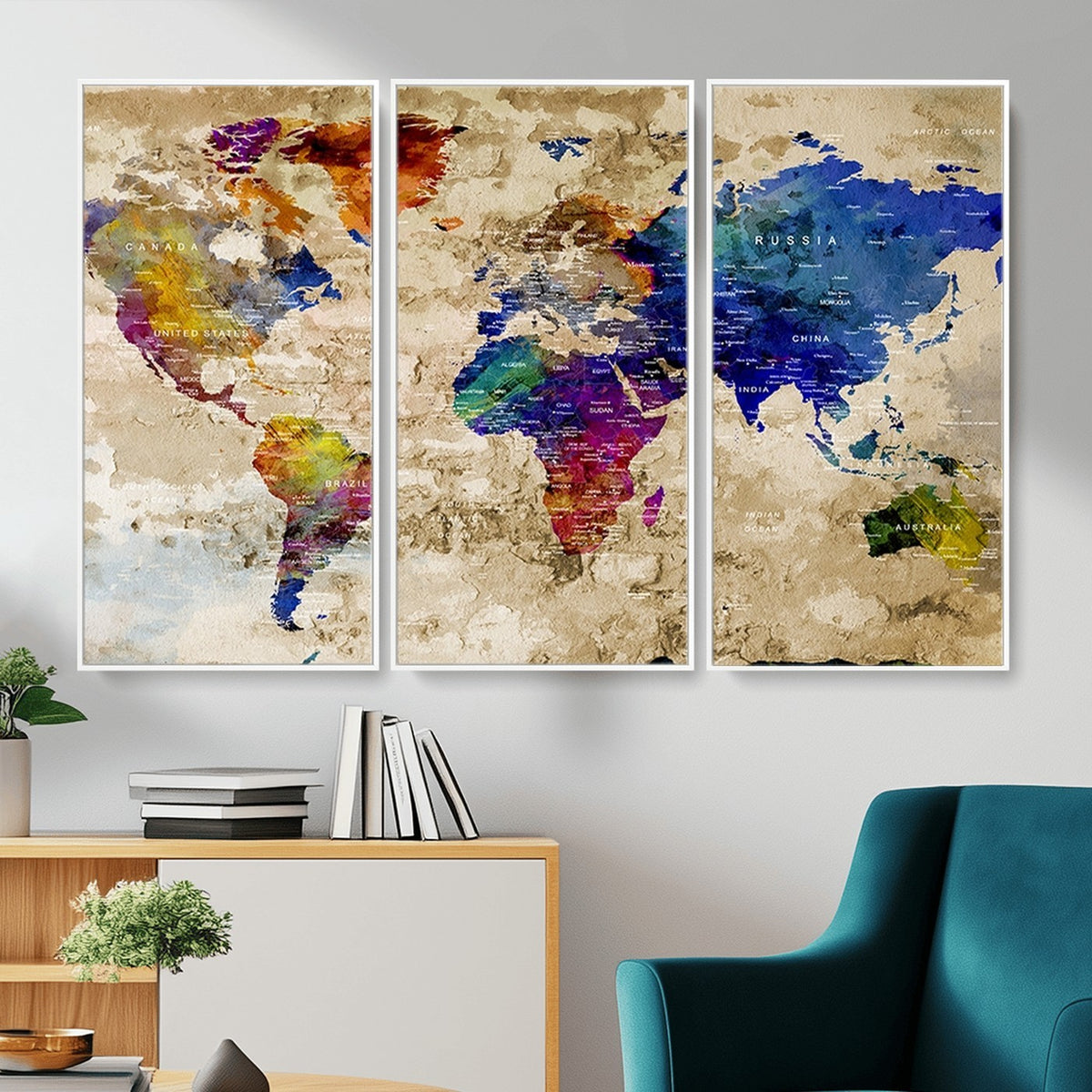 Colorful World Map Canvas Wall Art | Abstract Watercolor Map Print