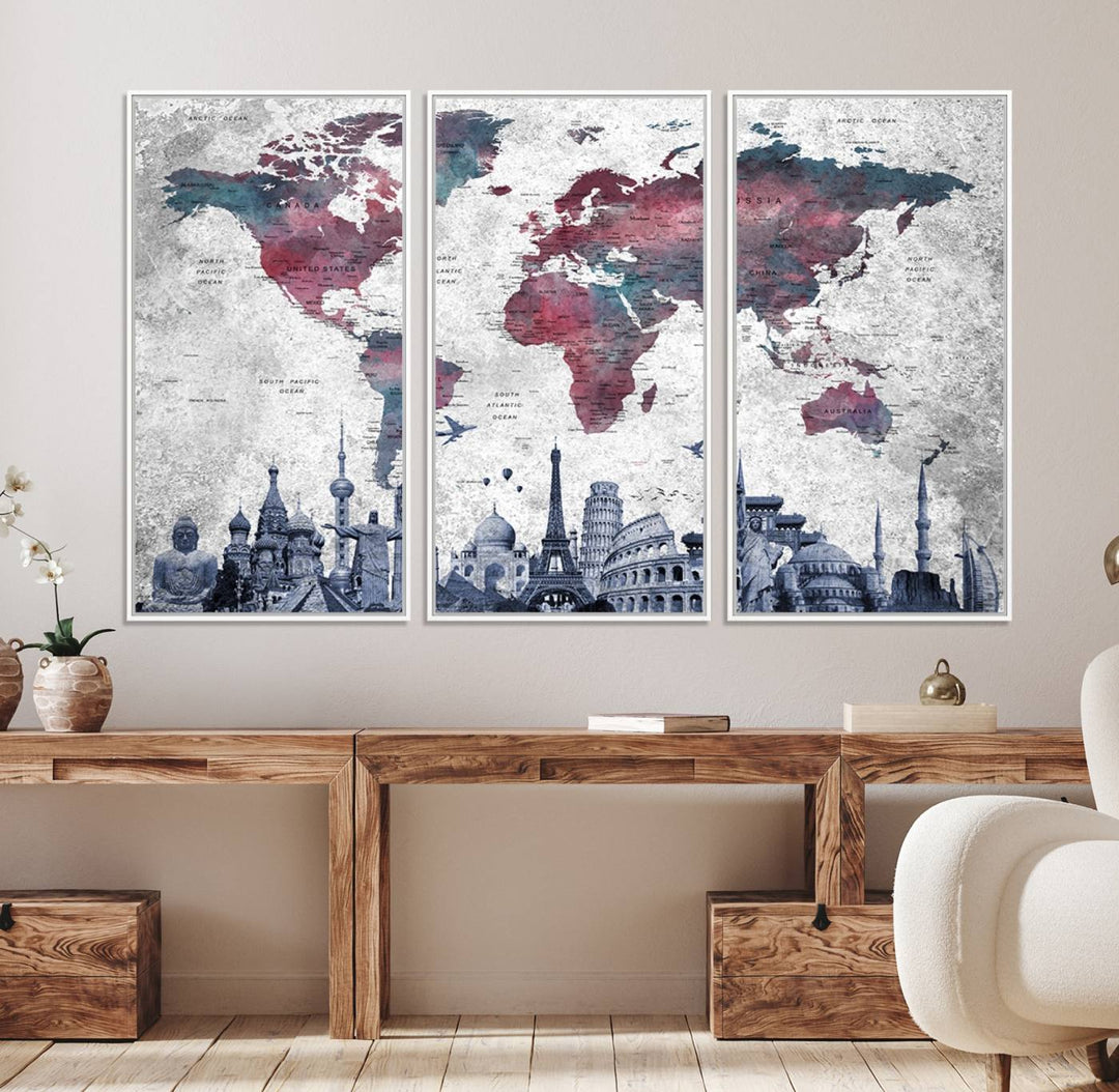 The dining room features a Blue Multipanel World Map Wall Art Canvas Print that adorns the wall, highlighting its neutral decor.