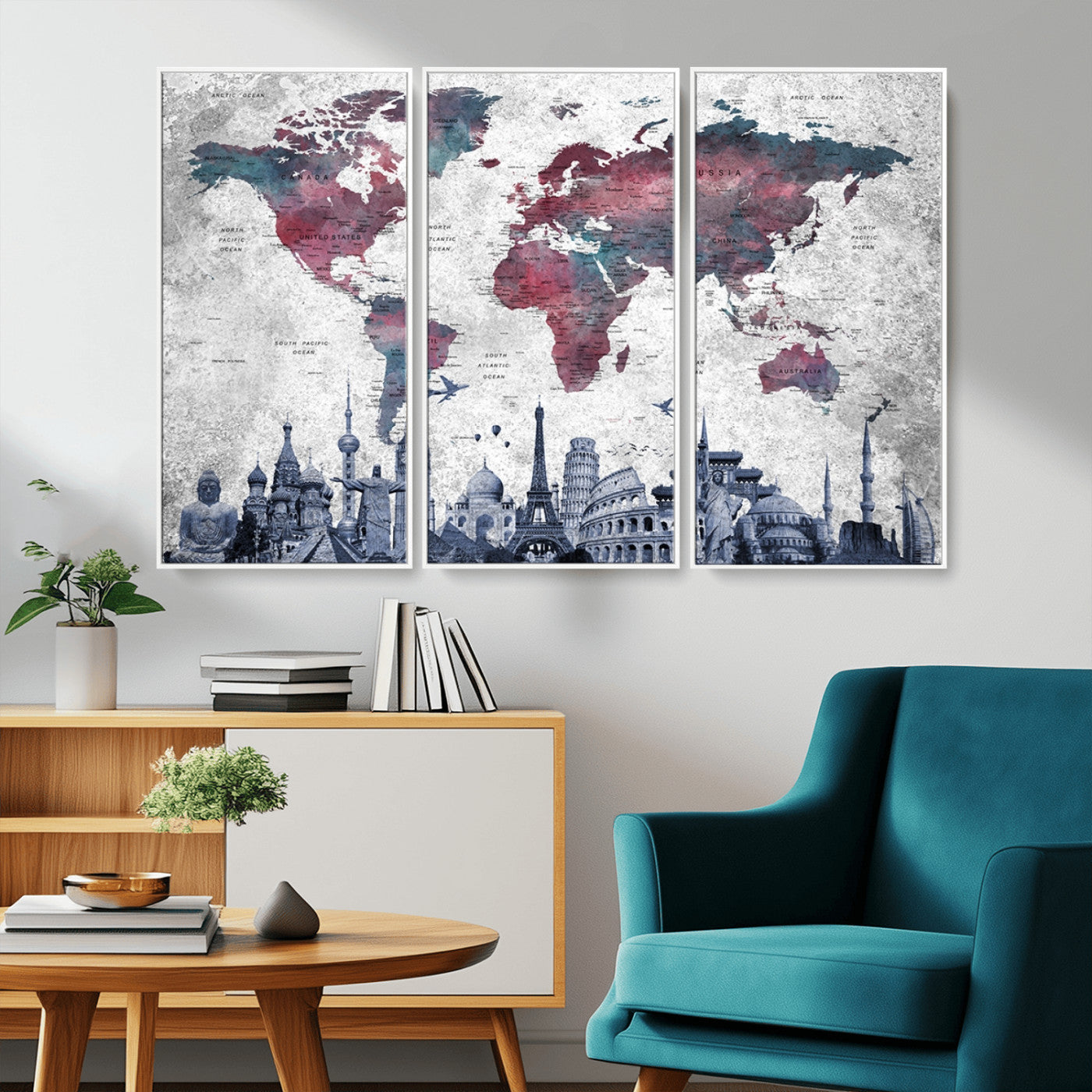 MGV-FC-48X32-3P - Push Pin World Map Canvas Print – Framed Wall Art for Couples to Track Their Travels – Anniversary