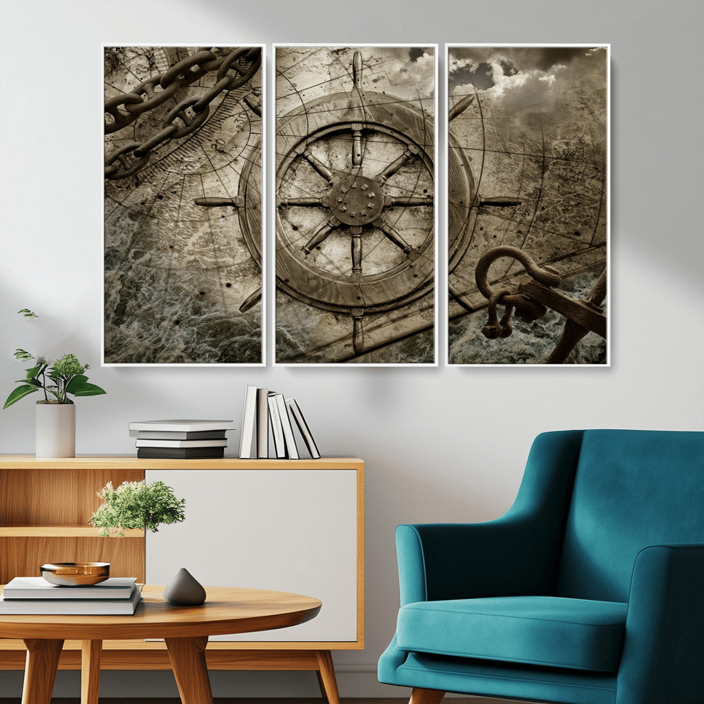 MGV-FC-48X32-3P - Wooden Ship Wheel Canvas Print, Multi Panel Canvas Wall Art Print