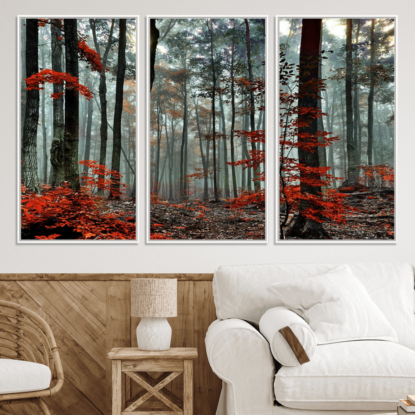 59209-MGV-FC-60X40-3P_White-Autumn Forest Canvas Wall Art – Enchanting Red Leaves Triptych Print – Nature-Inspired Decor for Living Room or Office – Ready to Hang