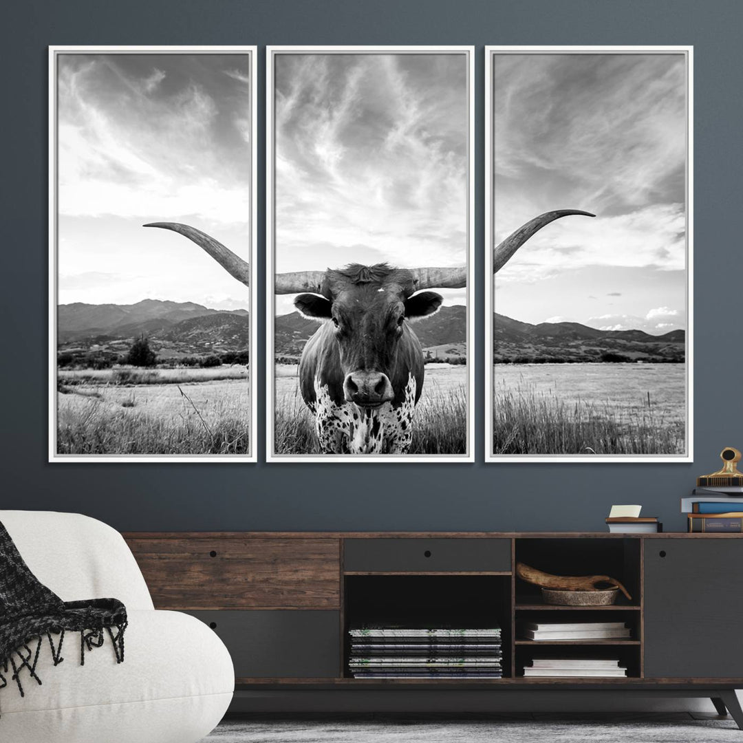 Longhorn Cow Wall Art Canvas Print Farmhouse Wall Art - Texas Longhorn Wall Art Print