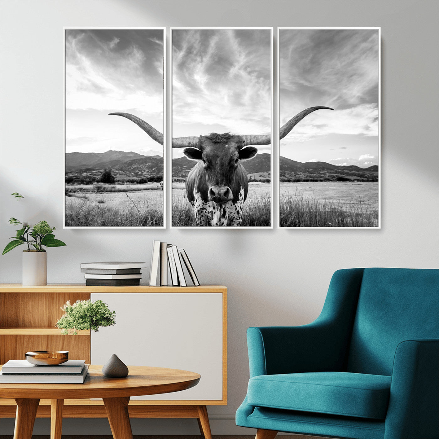 MGV-FC-48X32-3P - Longhorn Cow Wall Art Canvas Print Farmhouse Wall Art - Texas Longhorn Wall Art Print