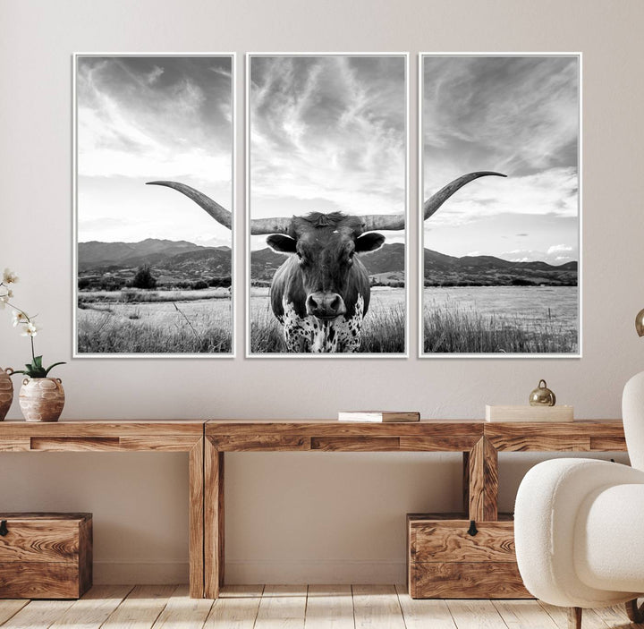 Modern living room featuring Longhorn Cow Wall Art Canvas Print.