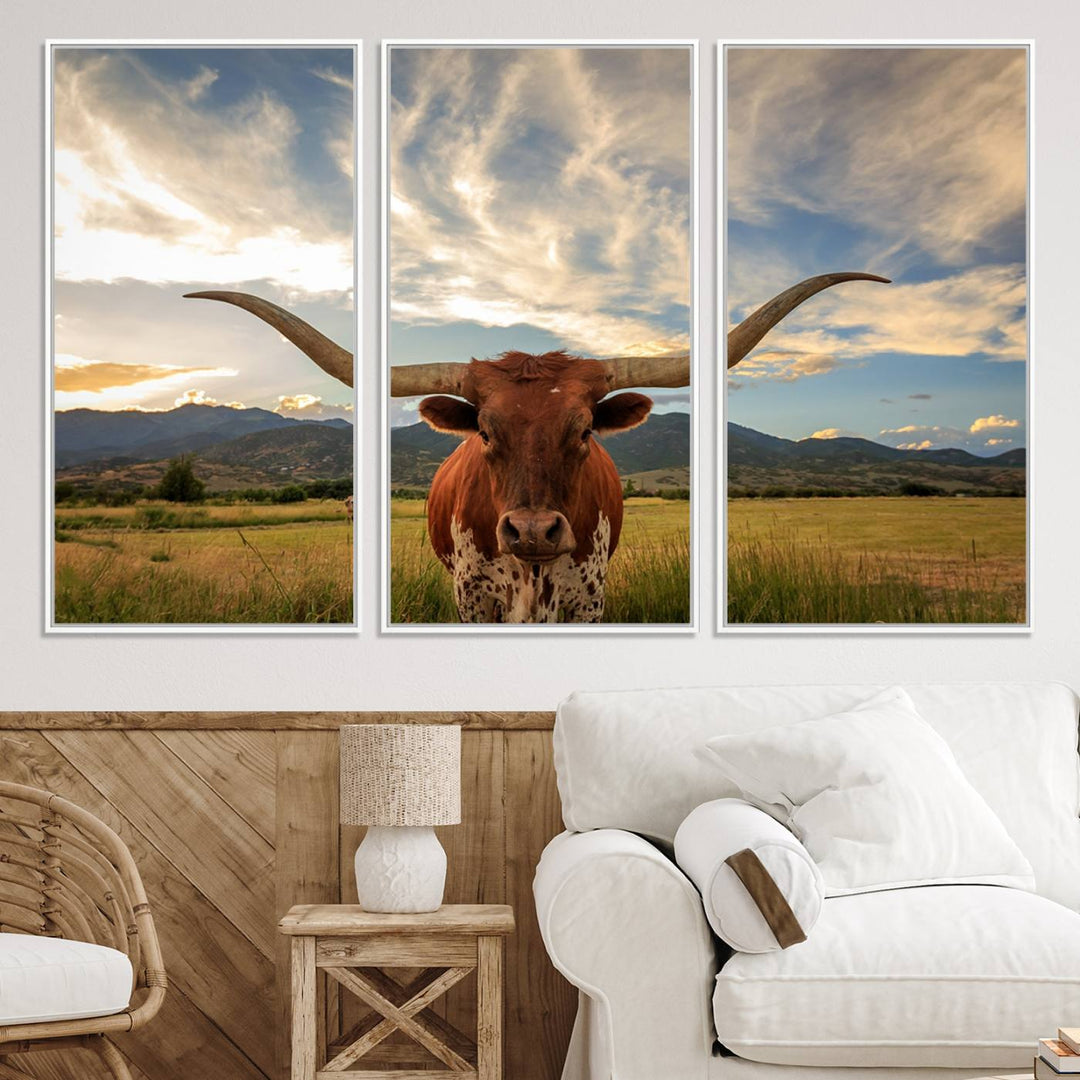 Texas Longhorn Canvas Wall Art – Majestic Triptych Animal Print – Rustic Western Decor for Living Room or Office – Ready to Hang