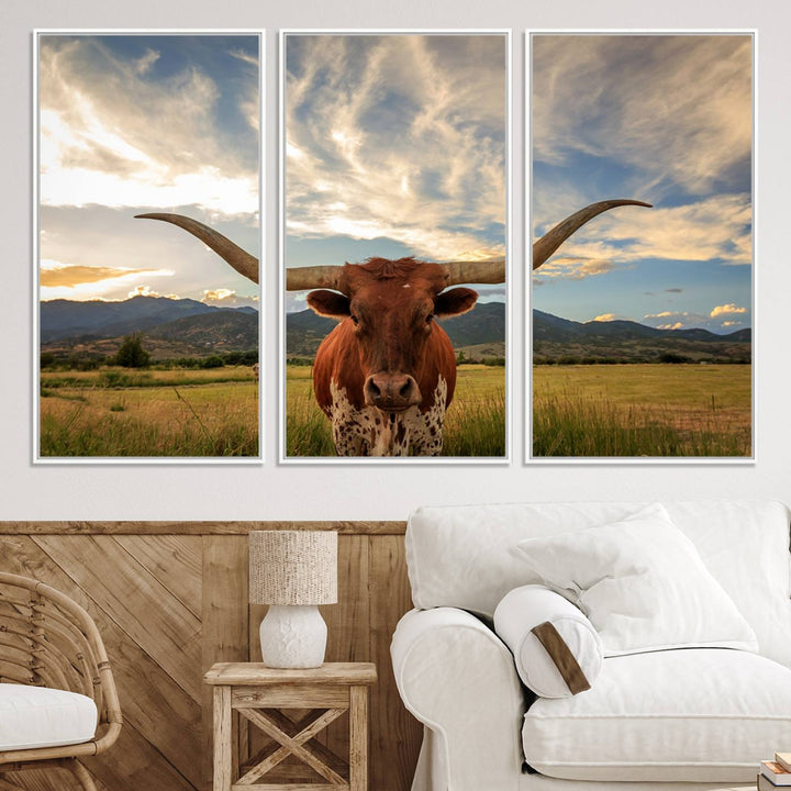 Texas Longhorn Canvas Wall Art – Majestic Triptych Animal Print – Rustic Western Decor for Living Room or Office – Ready to Hang