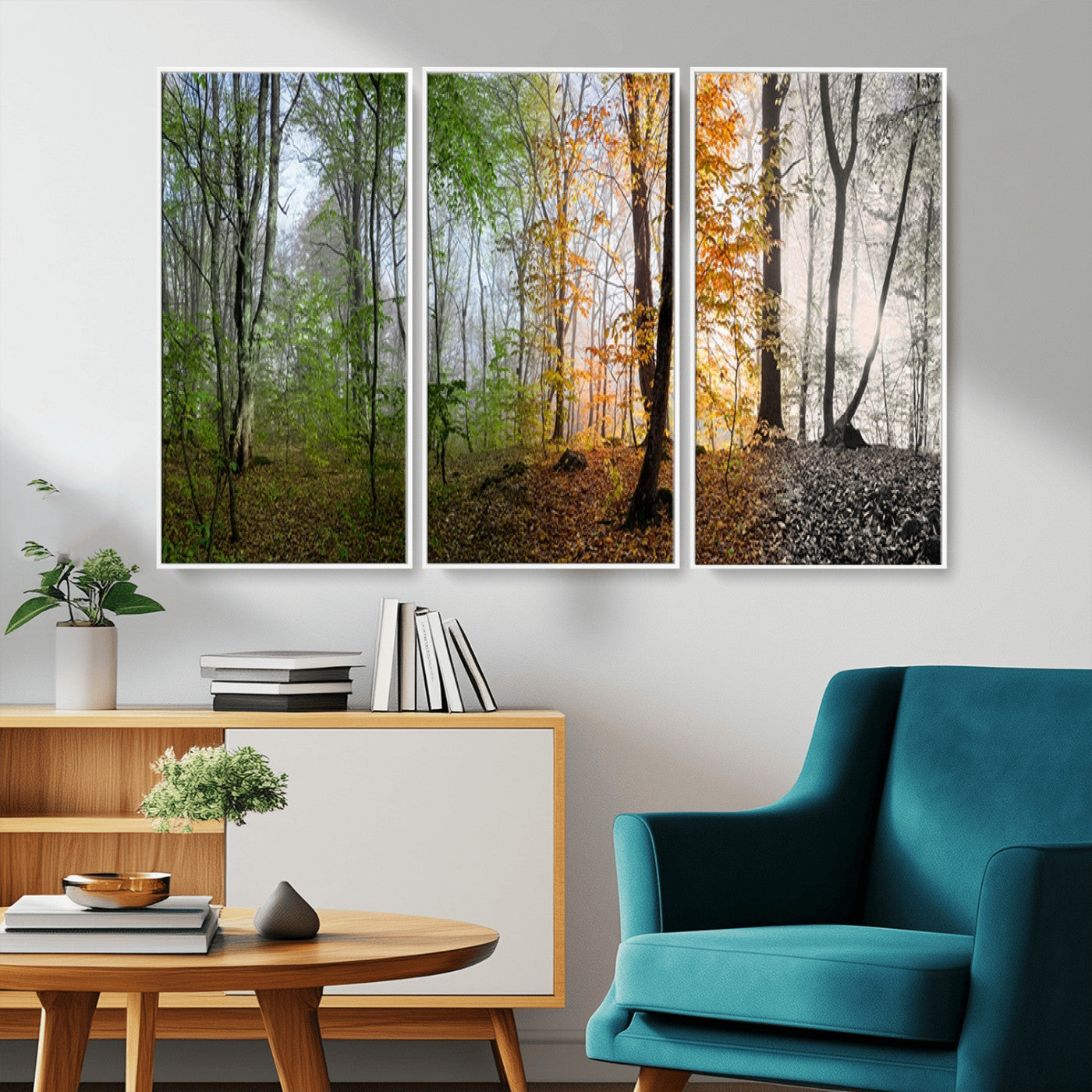 MGV-FC-48X32-3P - Four Seasons Wall Art Forest Canvas Print – Triptych Seasonal Nature Print – Landscape Decor for