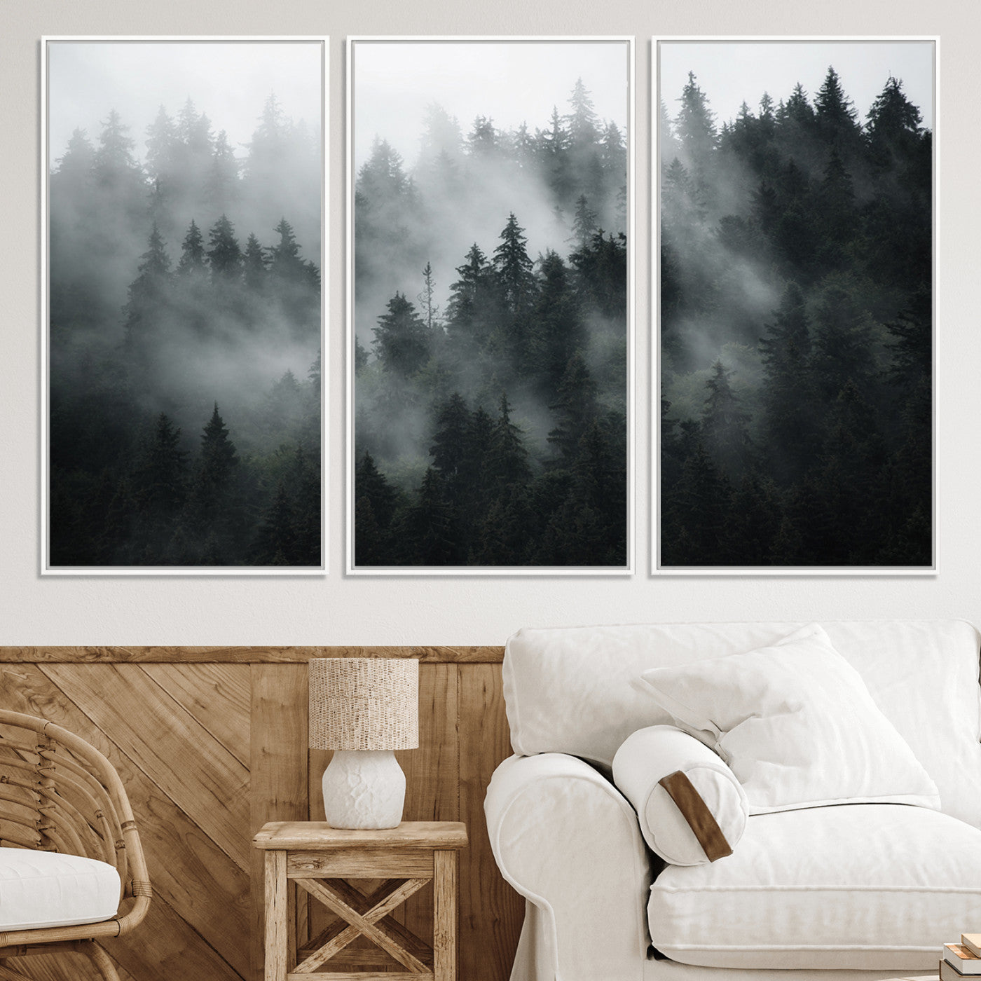 52359-MGV-CV-36X24-Foggy Forest Wall Art Canvas Print | 3 Panel Large Misty Landscape for Dining Room, Office, or Living Room | Ready to Hang Nature Deco