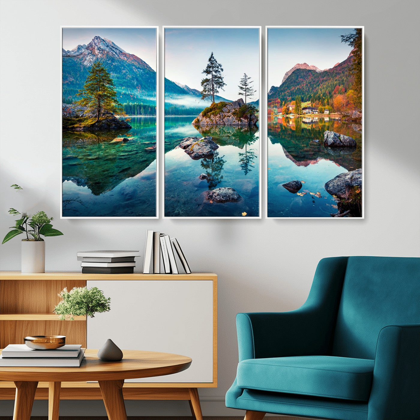 -Crystal Clear Lake Wall Art | Mountains Wall Art Canvas | 3 Panel Large Landscape Print for Dining
