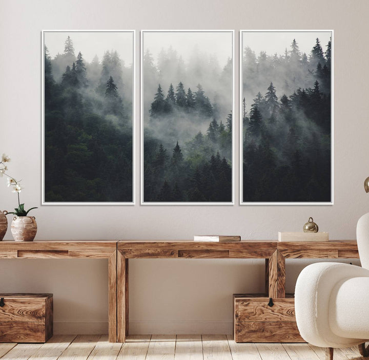 The Serene Triptych Print features tall evergreens, creating a mysterious and calming atmosphere.