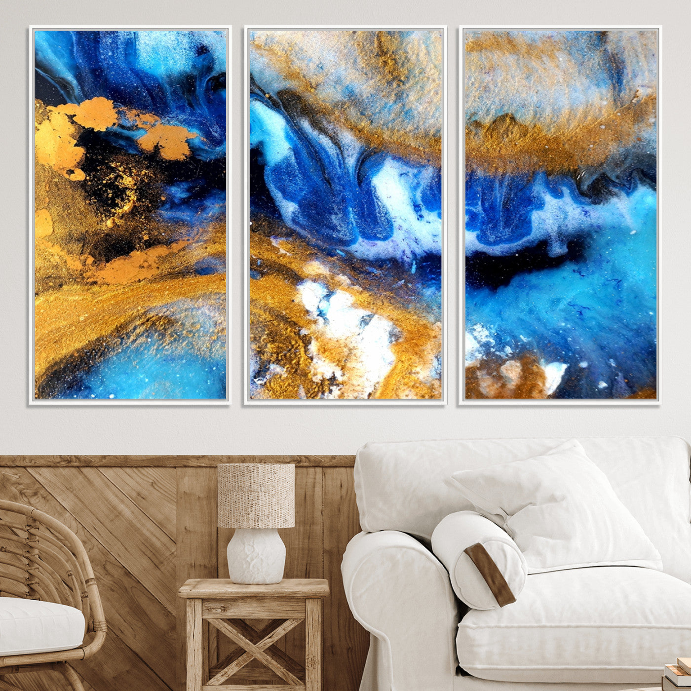 42100-MGV-CV-36X24-Blue Orange Marble Fluid Effect Canvas Wall Art Print