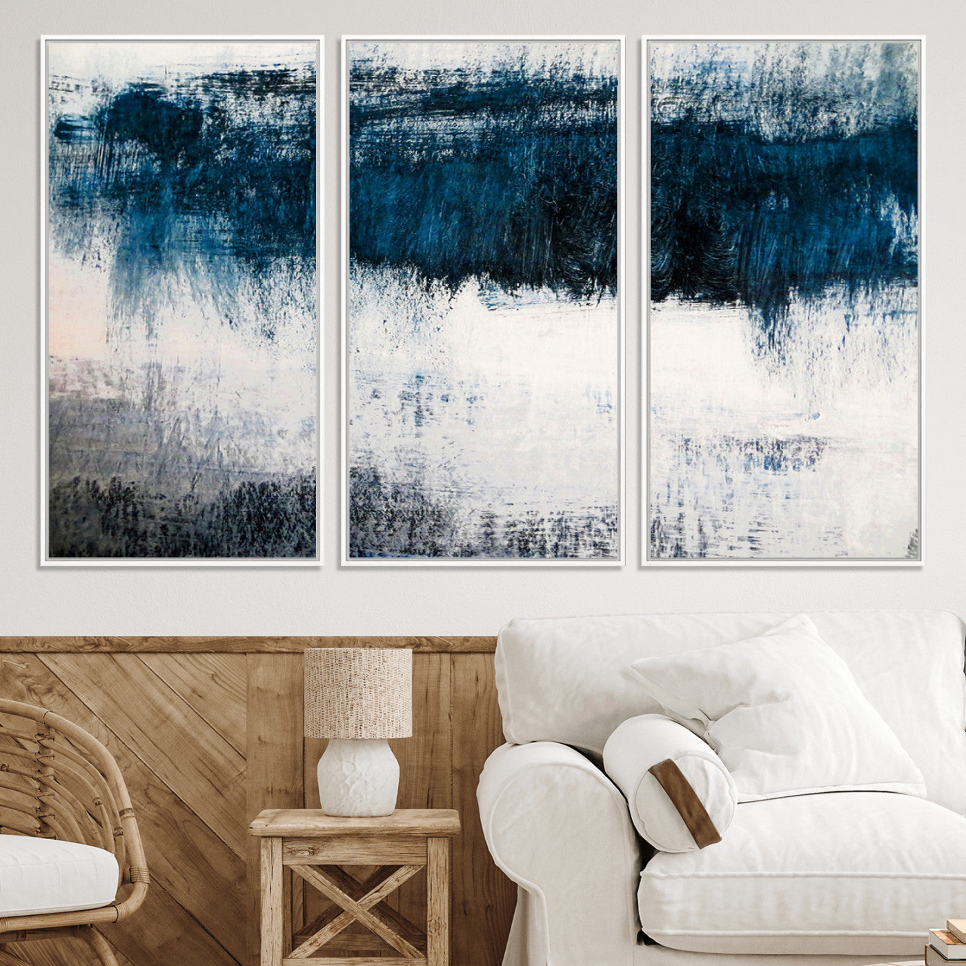 38954-MGV-CV-36X24-Abstract Blue and White Canvas Art | Large Wall Art for Modern Living Room Decor | Minimalist Brushstroke Painting on Canvas