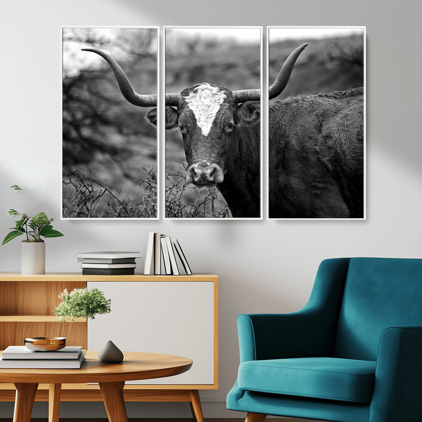 MGV-FC-48X32-3P - Western Home Wall Art Canvas Print, Framed Texas Longhorn Art Picture Print, Rustic Cow Perfect Rustic Farmhouse Decor Artwork