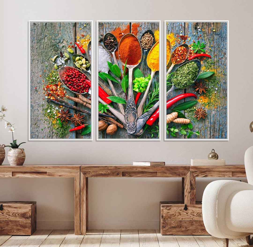 Vibrant Spoonful of Spices kitchen wall art canvas, a culinary triptych ideal for any dining room decor.