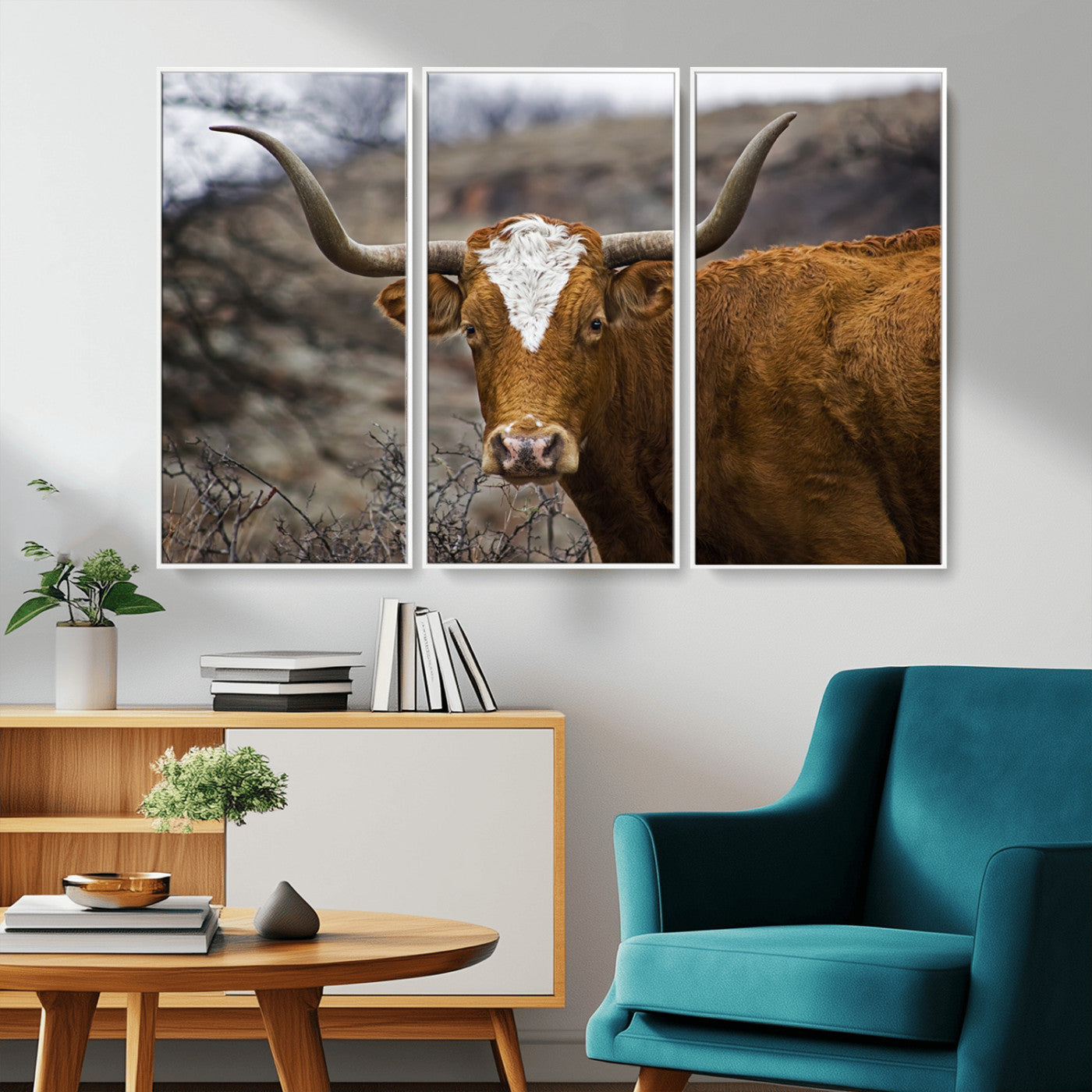MGV-FC-48X32-3P - Texas Longhorn Canvas Wall Art - Longhorn Steer Canvas Wall Art Print- Rustic Western Animal Print,