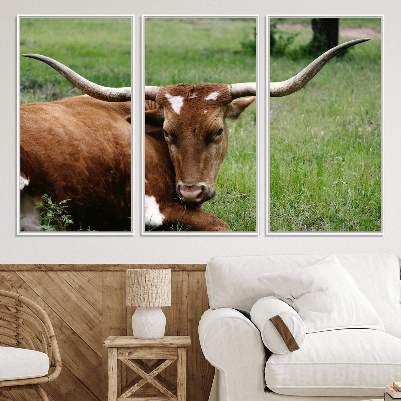 45997-MGV-CV-36X24-Longhorn Steer Canvas Wall Art – Rustic Nature Triptych Decor for Living Room or Office – Ready to Hang