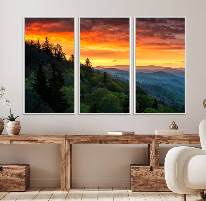 The Great Smoky Mountains Sunset Wall Art, a 3-panel print, beautifully captures natures beauty and is perfect for living room or office decor.